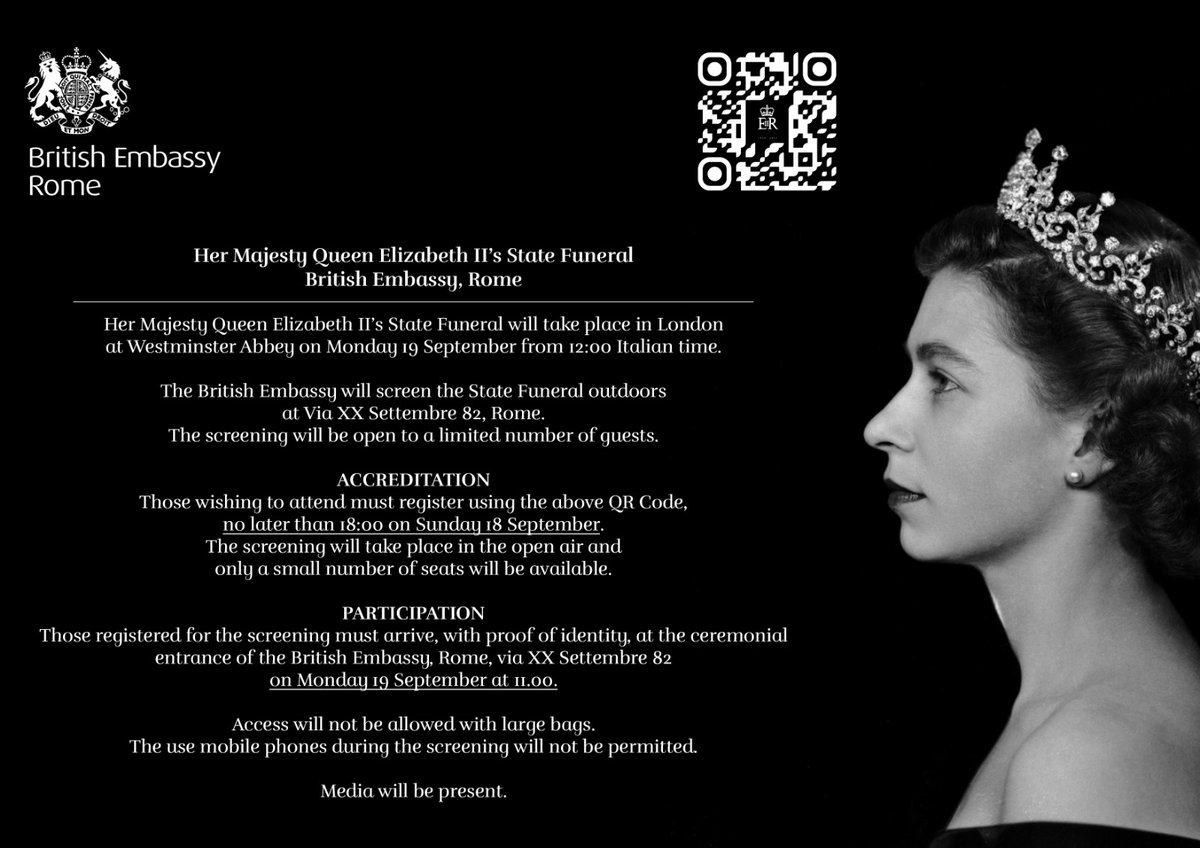 Her Majesty Queen Elizabeth II’s State Funeral will take place in London at Westminster Abbey on Monday 19 September from 12:00 🇮🇹 time.
👉🏼 More details here: bit.ly/3xvxGfo