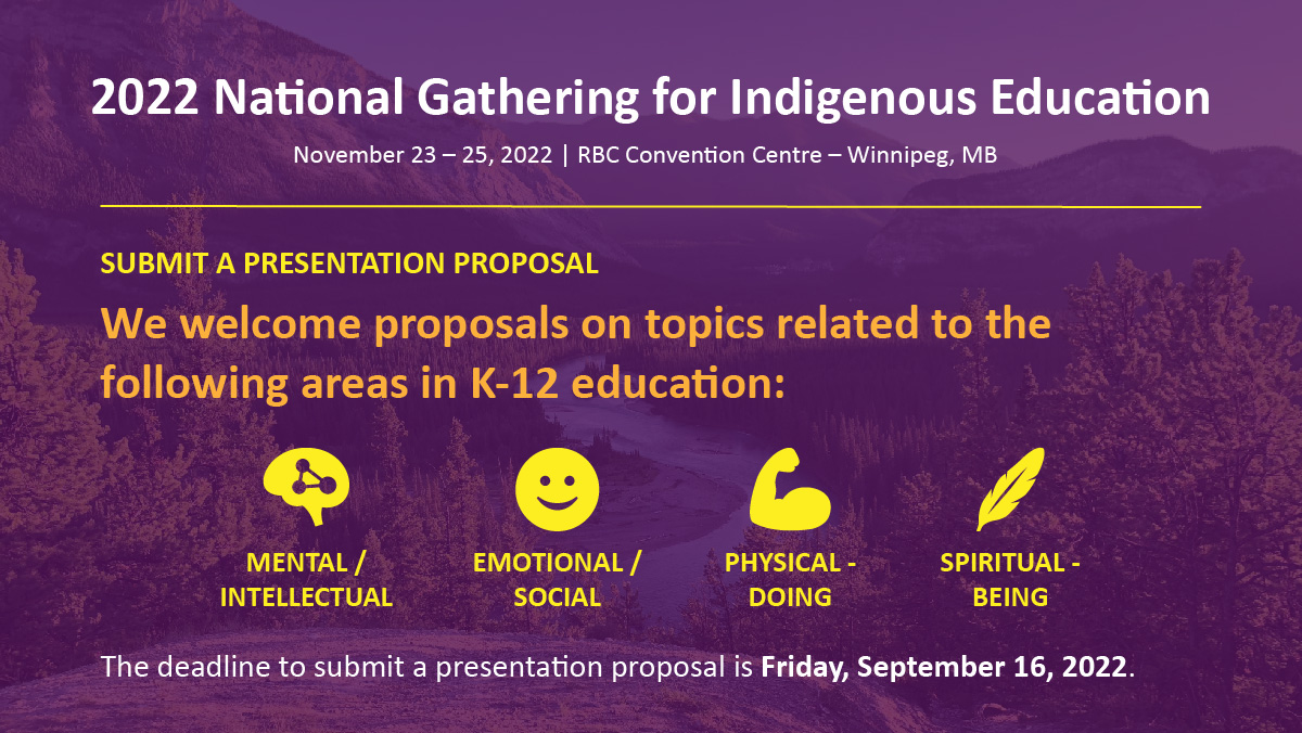 Indspire's tweet photo. #Indigenous educators, you’re almost out of time! ⏰
TODAY is the deadline to send us your presentation proposals with great strategies for #Indigenizing education. 🤩
Click on the link below to find out more and submit your proposals 👇
https://t.co/JnJ191rdKG
#NG2022 https://t.co/o1kc1pMfbT