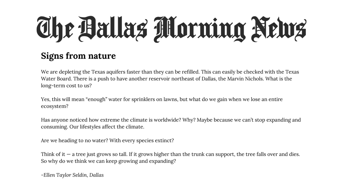 nomarvinnichols's tweet photo. We are grateful for Ellen’s letter to the editor in the @dallasnews! As she pointed out, Marvin Nichols would negatively impact our livelihood, families, and private land for generations to come. #StopMarvinNichols #StopEminentDomain #txland #txwater https://t.co/cExda35PAq