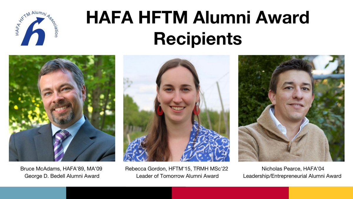 Congratulations to Professor Bruce McAdams, Rebecca Gordon and Nicholas Pearce, named 2022 HAFA HFTM Alumni Award Recipients! 🎉👏🌟 #HFTMproud #LangBusiness #UofG #GeorgeDBedell #LeaderofTomorrow #Leadership #Entrepreneurial