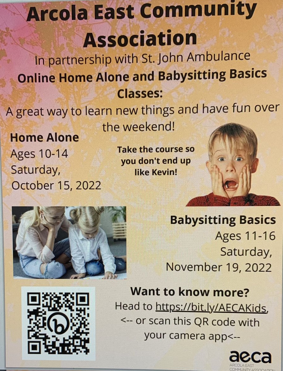 Arcola East Community Association in partnership with St.John Ambulance is having  Home Alone classes and Babysitting Basics classes. See the poster for more information