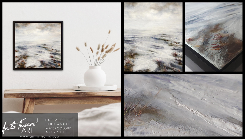 Ethereal Return is an #encaustic #painting on a wood panel. Some see the beach, other see wind-swept snow-covered fields. What do you see?

#beeswax #moltenwax #Canadianartist #canadianart #art #artwork #decor #ancientarttechniqes #landscape #luxuryhomes #stylemyhome #originalart