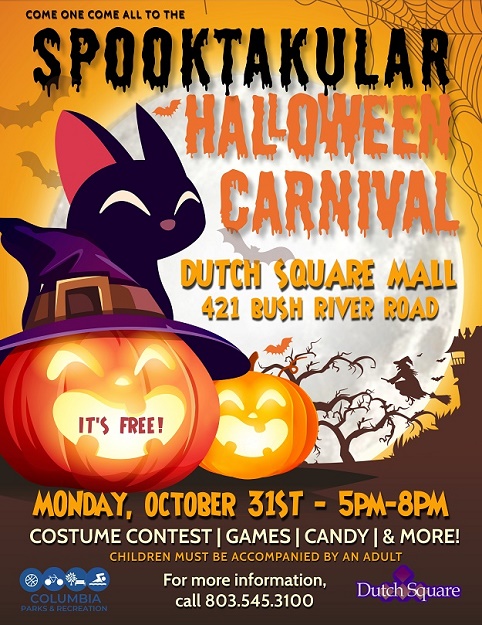 Calling all ghosts, ghouls and goblins! 👻🎃 Trick or treat with the City of Columbia at the Drive-Thru “Spooktacular Halloween Party” Monday, October 31 from 5-8pm at Dutch Square Mall. This year's event will feature costume contest, games, candy and much more!