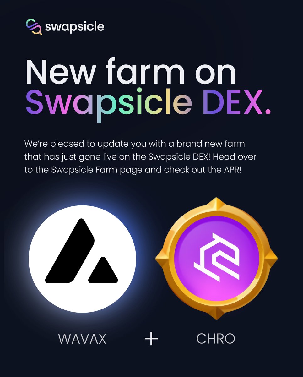 A new farm has just gone live on the Swapsicle DEX! Head over to the Farm page and check out the insane APR on the $AVAX $CHRO farm 🧑‍🌾 @avalancheavax @WyndBlast #DEX #DeFi #decentralized #Cyrpto #Swapsicle #SwapsicleDEX #POPS