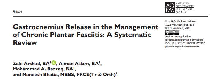 AOFAS_Journals's tweet photo. The authors review current literature for evidence on whether a gastrocnemius release is effective as a surgical option for treating chronic plantar fasciitis. https://t.co/IIgCwpsRSm https://t.co/9e6YcJvQOM