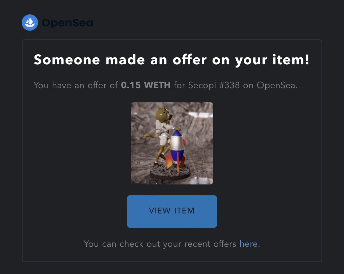 ethsonian's tweet photo. How do these scams work? I got airdropped that item and then got a 0.15 WETH bid. I assume if I accept it my wallet will get drained somehow? @opensea https://t.co/QsI9AhIlvO