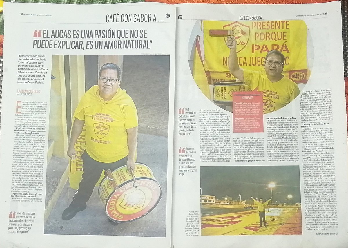 juanfrantacuri's tweet image. Hoy, baño de popularidad gracias a El Comercio. Me alegra saber que luego de 23 años de estar metido en el entorno de AUCAS, sigan tomando en cuenta mi opinión, parece que algo bueno se a hecho, por el viejo, inmortal y querido papá @Aucas45 Vamos todavía carajo 💛❤️💛