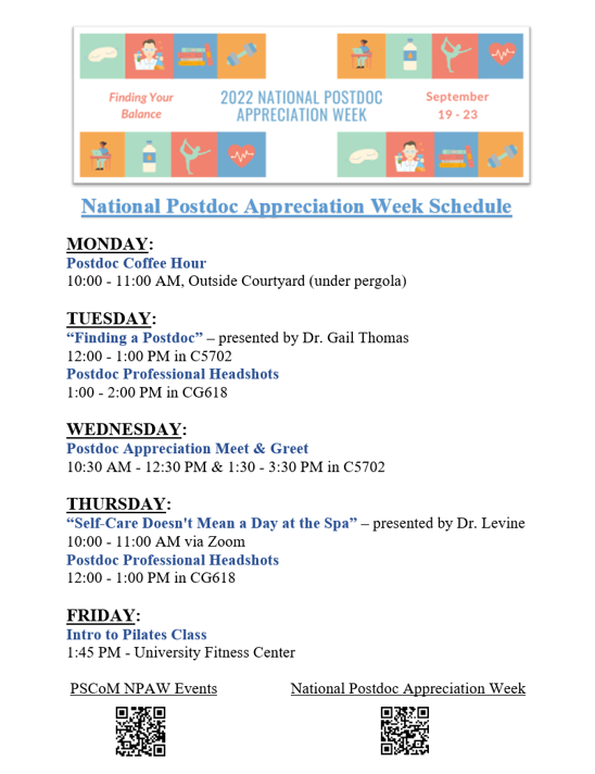 PSUCoMPostdoc's tweet photo. The Penn State Hershey Postdoctoral Society celebrates National Postdoc Appreciation Week Sept 19-23! Please see the flyer for a list of events we have organized.
We encourage postdoc mentors to take an active role in appreciating the postdocs in your lab.
#NPAW2022 https://t.co/4GzufknPhw