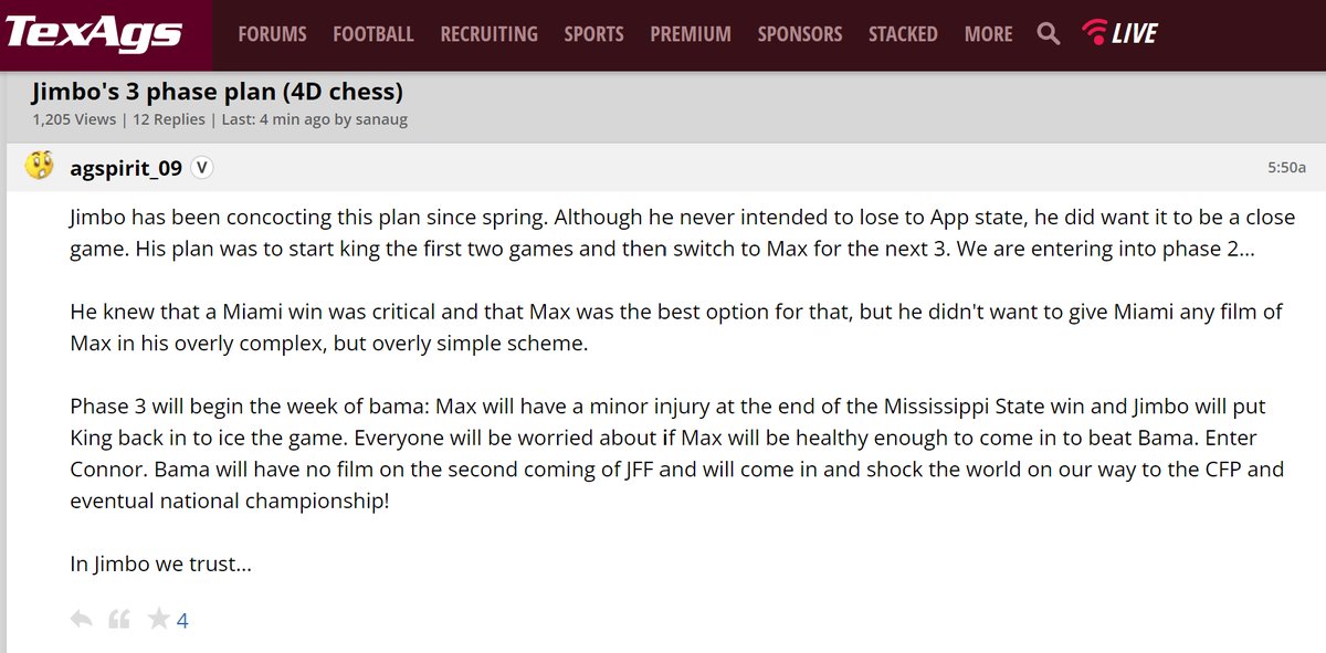 Jimbo is out here playing 5D chess while you losers are playing marbles.  #GigEm #allpartofa3phaseplan