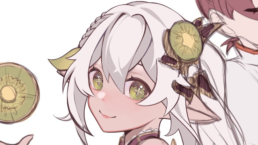 nahida (genshin impact) green eyes smile side ponytail symbol-shaped pupils pointy ears white hair white background  illustration images