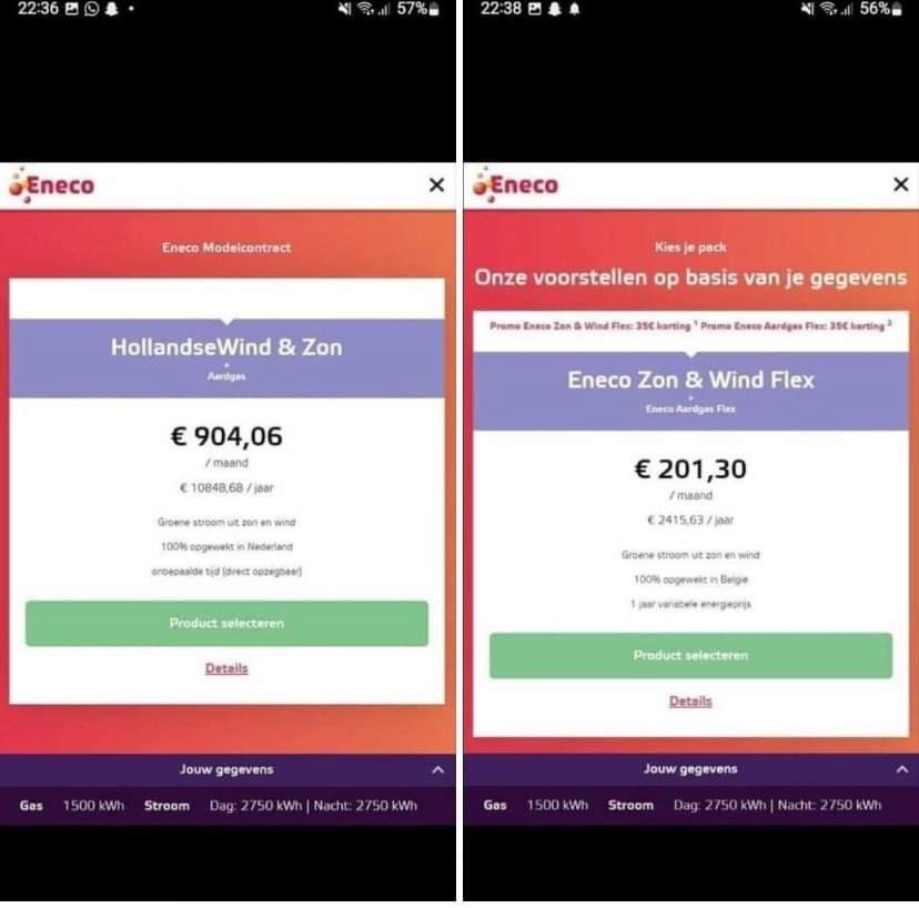 PersoonFrank's tweet photo. Links energieprijs Nederland, rechts België. Op basis zelfde gebruik. Bedankt @RobJetten, @MinPres. #energiecrisis #energieprijzen. Nederland wordt vakkundig kapot gemaakt. #nieuweverkiezingen https://t.co/0YHIpZEnai