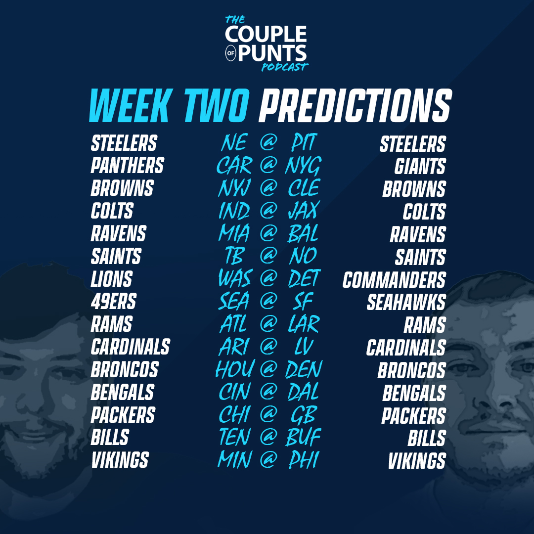CoupleOfPunts's tweet photo. 👀 @RossWilliams_ &amp; @HarryDennis_ have differing opinions on three of Week Two's remaining games...

Which set of predictions do you prefer? 🤔 #NFL https://t.co/EPIME81HJ2