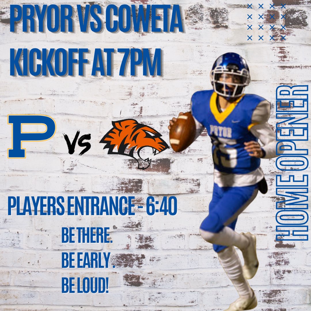 Pryor has its Home Opener tonight vs Coweta! Players enter the stadium at 6:40! Make sure to be there early and be loud! #DrawTheLine #NextLine22 <a href="/Coach_DavisPHS/">Kenny Davis</a>