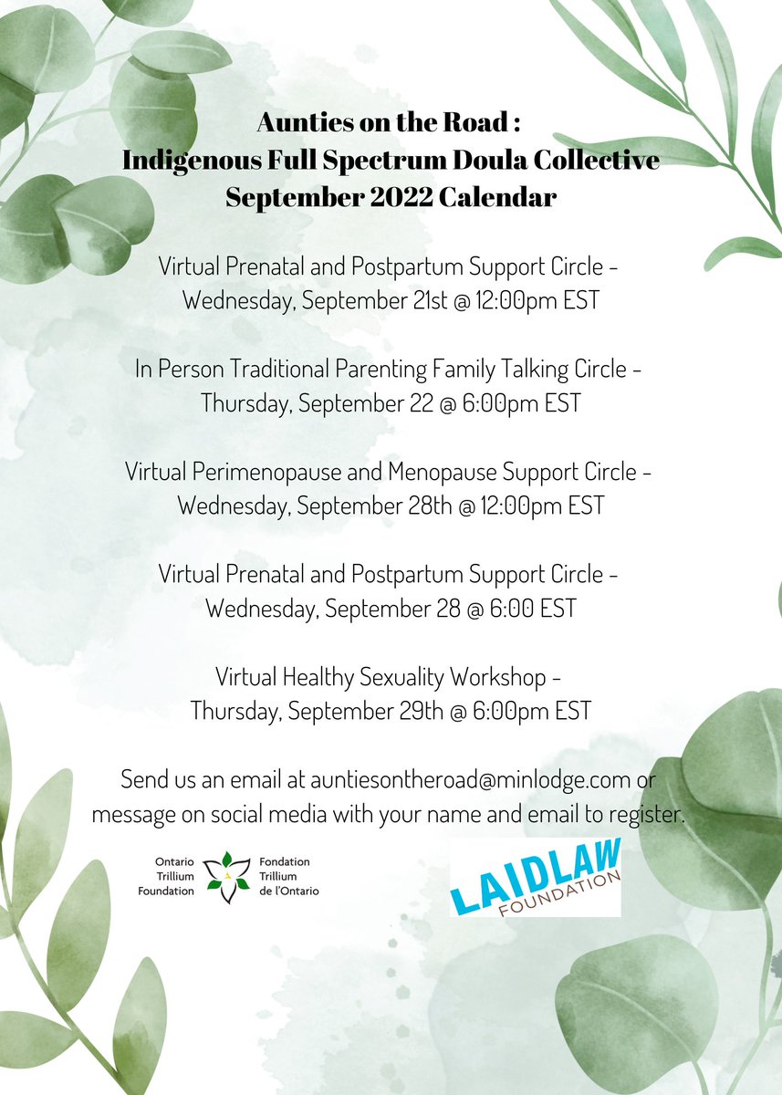 Aunties on the Road September calendar.  email auntiesontheroad@minlodge.com to register.