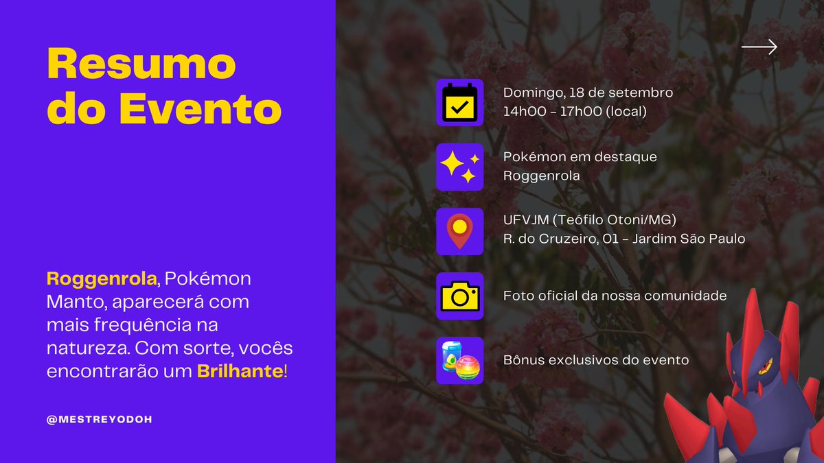 mestreyodoh's tweet photo. 📌 • Venha jogar o Dia da Comunidade do Pokémon GO na UFVJM em Teófilo Otoni - MG!
⠀⠀⠀⠀⠀⠀⠀⠀⠀
Confira todos os detalhes nas imagens!
⠀⠀⠀⠀⠀⠀⠀⠀⠀
• #PokemonGO #PokemonGOBrasil #PokemonGOMG #PokemonGOTO #PokemonGOCommunityDay #CommunityDay #MeetYouOutThere https://t.co/LhF3AUAAor