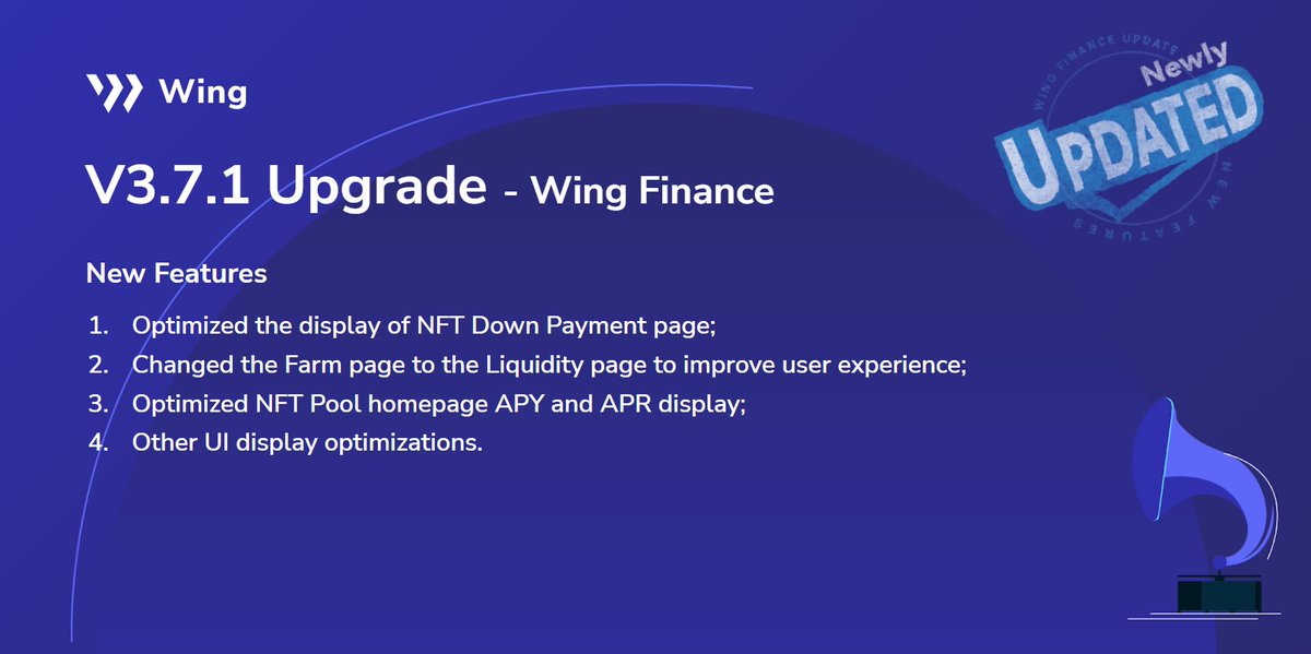 Wing_Finance's tweet image. V3.7.1 upgrade has been completed!🤩

✅Optimized the display of the NFT Down Payment page, and APY &amp;amp; APR on #NFTPool homepage.
✅Changed the Farm page to the Liquidity page to improve user experience.

Check the new features now 👇
nft.wing.finance