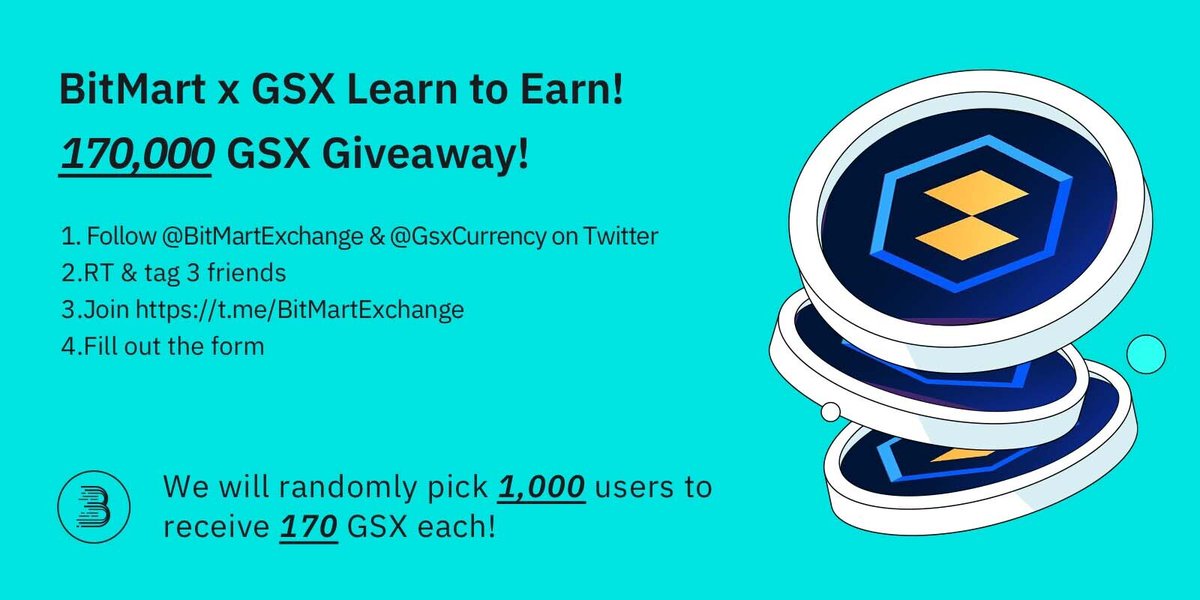 🚀Learn to Earn event for <a href="/GsxCurrency/">Gold Secured Currency</a> is live, join to win 170,000 $GSX (Approx.$5,000)
1⃣Follow <a href="/BitMartExchange/">BitMart</a> &amp; <a href="/GsxCurrency/">Gold Secured Currency</a>
2⃣RT and tag 3frds
3⃣Join t.me/BitMartExchange
4⃣Fill forms.gle/qxWCi27yXVomcN…

💎1000 lucky winners receive 170 GSX each!
⏰By 11:59 PM UTC Sept 21