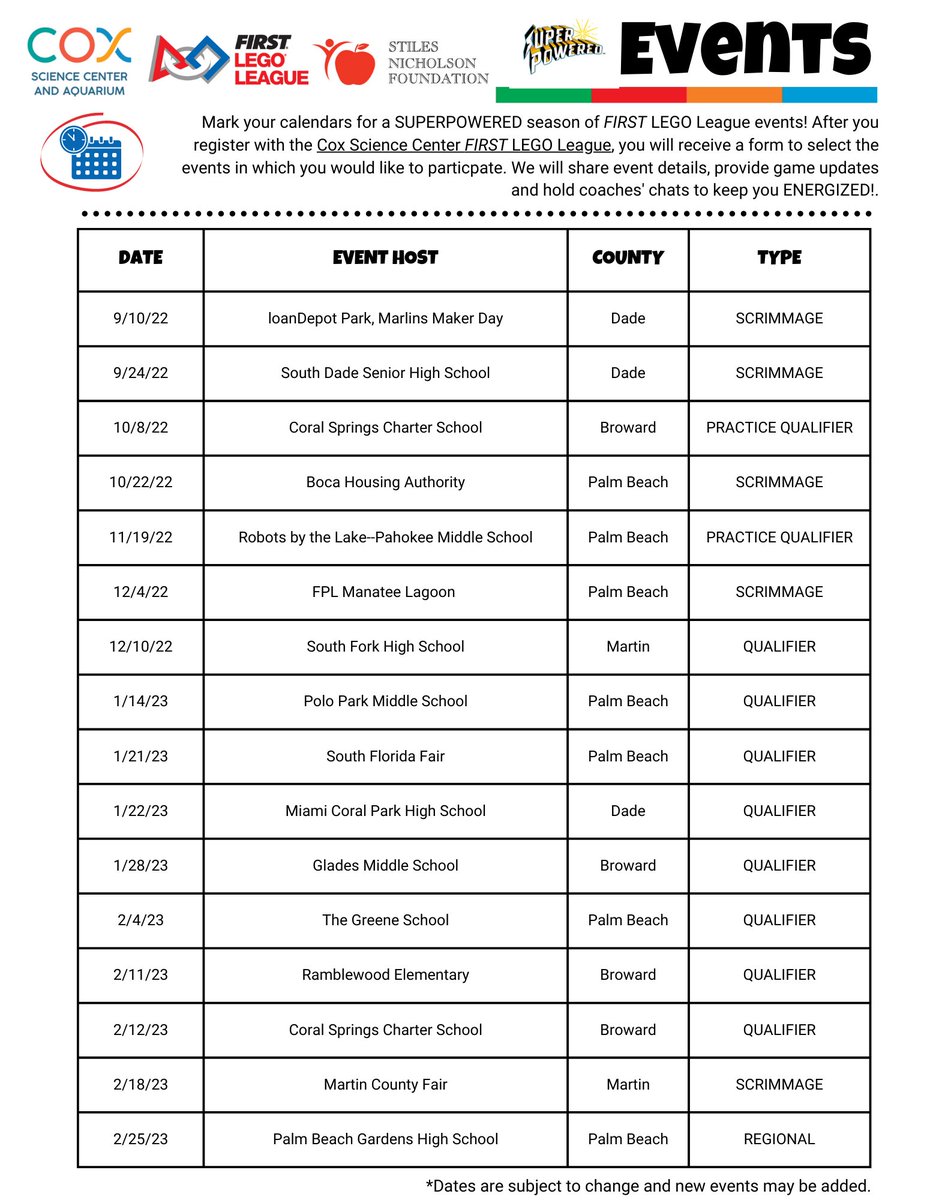 Don't miss out! Secure your spot in our amazing events by registering with the Cox Science Center FIRST LEGO League. Space is limited at each event, so register TODAY! coxsciencecenter.org/first-lego-lea…