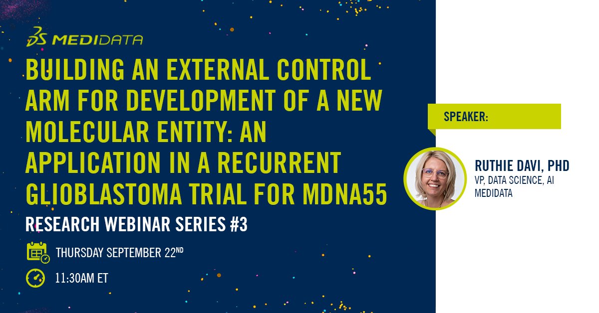 Medidata's tweet photo. Can #ExternalControlArms support #ClinicalResearch for conditions w/ inadequate standards of care? Join Medidata's Ruthie Davi, PhD &amp; learn how our Synthetic Control Arm® supplanted #ClinicalTrials for recurrent #glioblastoma (#rGBM). Sign up: https://t.co/6Aiu0Su8yi
#webinar https://t.co/S39pV1B7mc