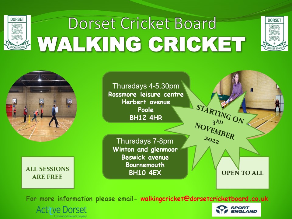 DorsetCricket's tweet photo. Starting 3rd November '22 the Dorset Cricket Board's Community team will be holding walking cricket sessions! 
Walking Cricket is the sport you love, just played at a slower pace. It is perfect for people who are older or less physically able, but who still want to enjoy the game https://t.co/QthOMz0s4n