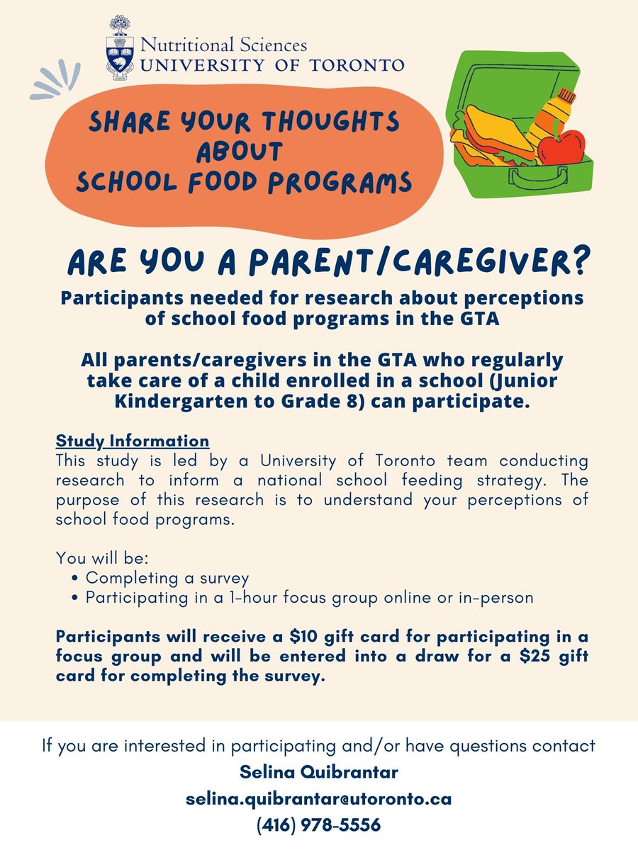 nutrisci_uoft's tweet photo. 📢We are looking for parents/caregivers of elementary school students (JK to Grade 8) to participate in a research study about perceptions of school food programs in the GTA! 👧🏫🥪
If interested, please contact @SelinaQ (email and phone number below) ⬇️ https://t.co/D5K265IeNB