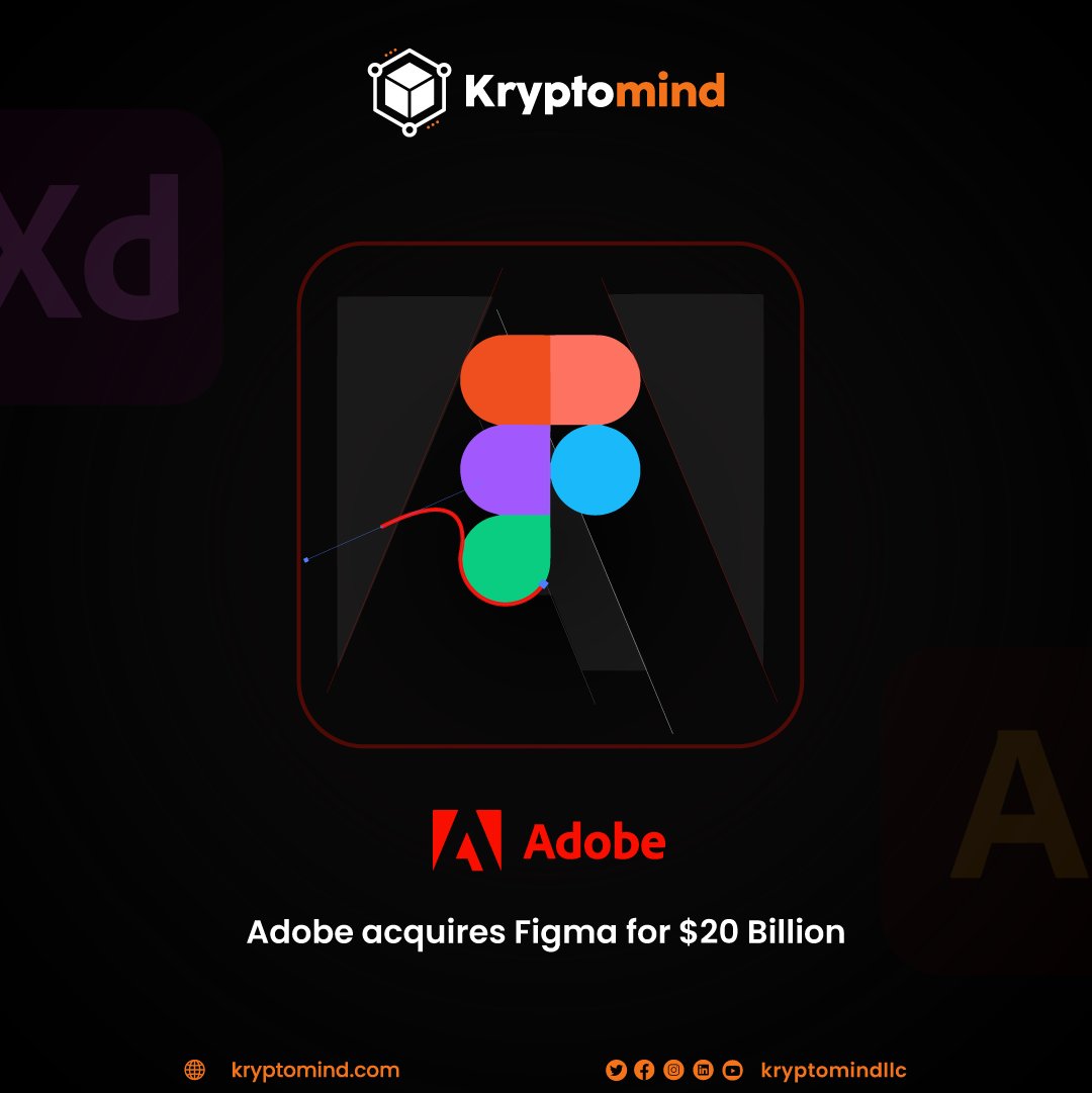 Kryptomindllc's tweet photo. Adobe has entered into an agreement to acquire Figma. It is estimated that the agreement is worth around 20 billion dollars. 

#adobe #adobexd #figma #designtools #designcommunity #blockchain #blockchaintechnology #kryptomind https://t.co/BEaDu7utOf