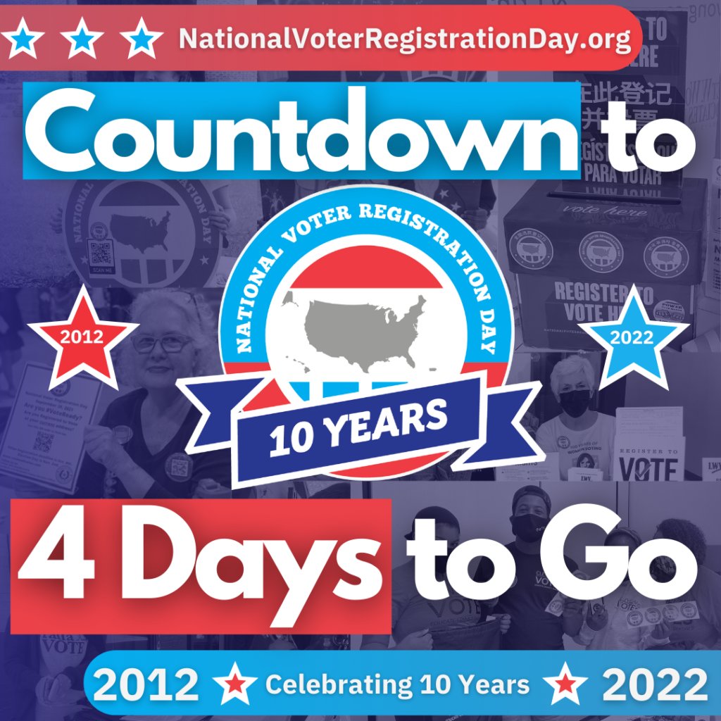 NatlVoterRegDay's tweet photo. FOUR DAYS! You can officially count down to #NationalVoterRegistrationDay with less than a full hand's worth of fingers!
Which works out! Because we'd like to give all our friends and partners a big old #VoteReady thumbs up for democracy! 👍🇺🇸 https://t.co/dNyJBJERJE