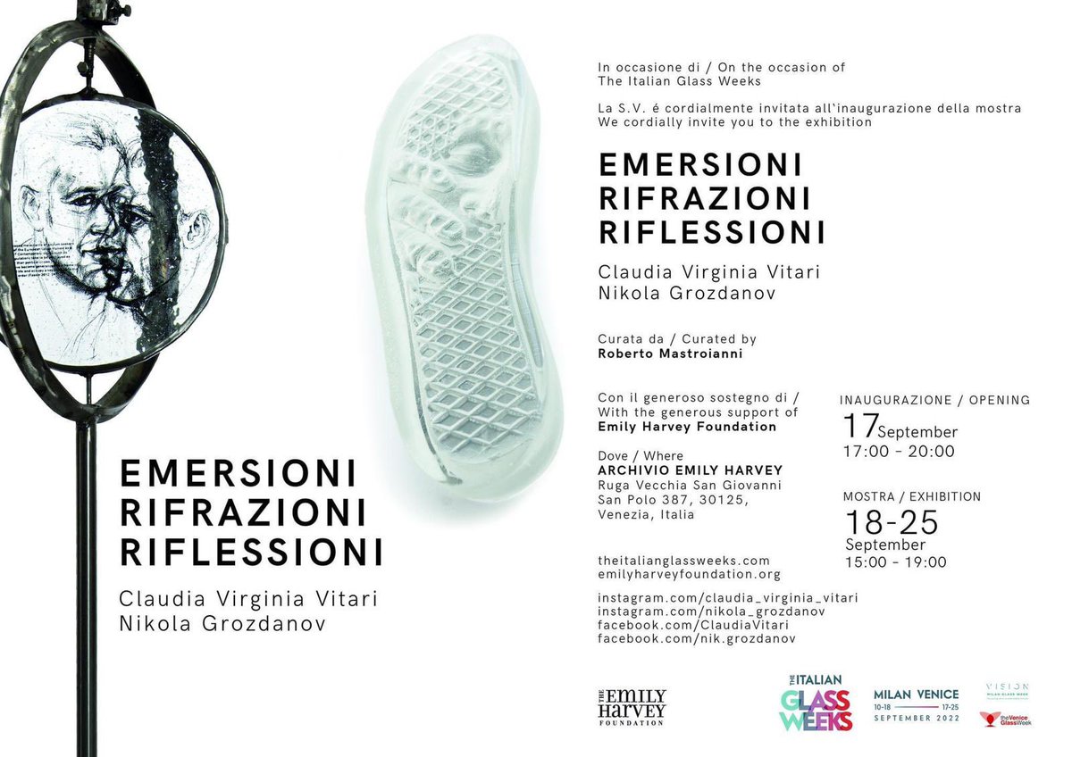EMERGENZE, RIFRAZIONI, RIFLESSIONI
Tracce di umanità tra identità, alterità, esclusione e integrazione nell'opera di Nikola Grozdanov e Claudia Virginia Vitari

All’ Archivio Emily Harvey - San Polo 387 - 30125 Venezia
18/9 - 25/9, 2022 - tutti i giorni 15-19