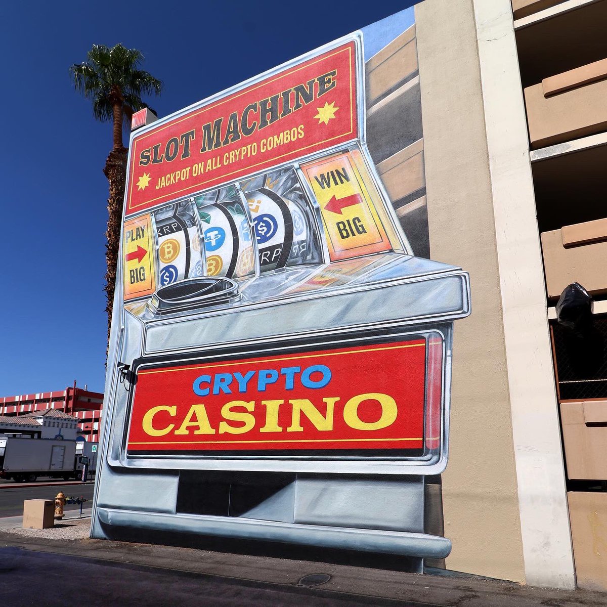 CRYPTO CASINO mural on corner wall in Downtown Las Vegas curated by <a href="/justkidsart/">JUSTKIDS</a> for <a href="/lifeisbeautiful/">Life is Beautiful</a>. Cryptos rapidly emerging into mainstream. You can go all in, but without the recognized risk, Crypto’s can become an addictive gambling product #lifeisbeautiful2022 #3dstreetart
