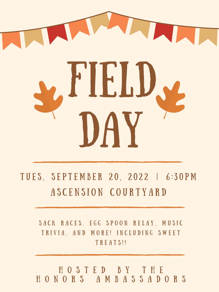 southeasternche's tweet photo. Happy Friday Lions!!
Next Tuesday, September 20, The Honors Ambassadors are hosting a Field Day! So many fun games, relays, and yummy treats. Come on out to the Ascension courtyard at 6:30pm for a night of FUN!! #HonorsProgram #seeyouthere https://t.co/pgyzpkSGFV