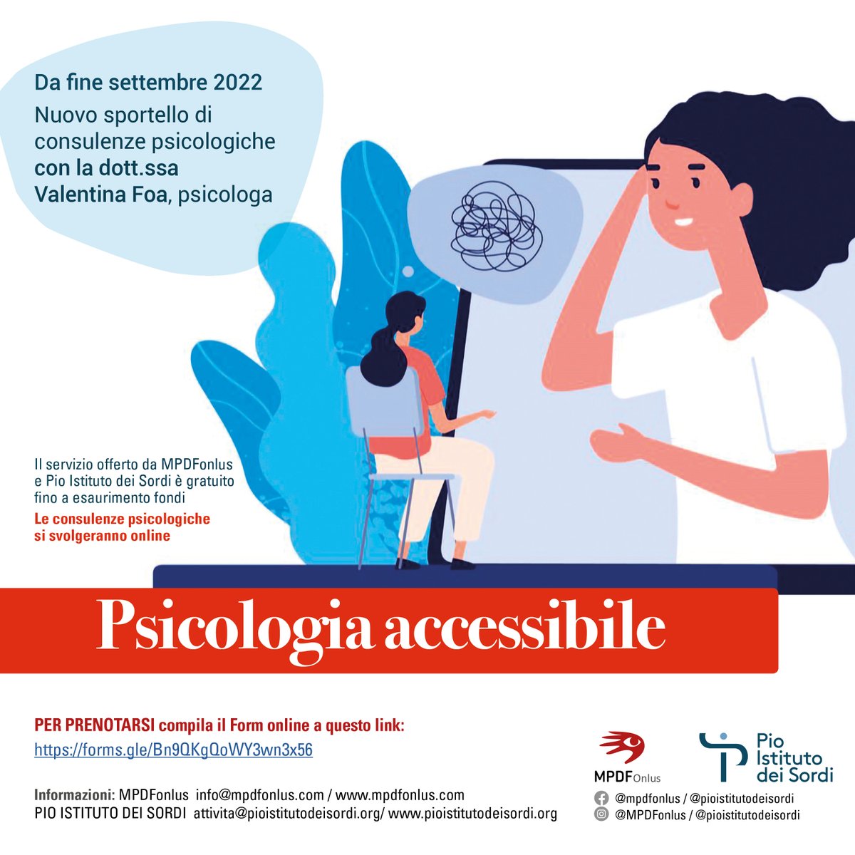 Da fine settembre è nuovamente attivo lo sportello di consulenza psicologica con <a href="/ValloFoa/">Valentina Foa</a> 

Servizio offerto grazie alla collaborazione con <a href="/PisMilano/">Pio Istituto Sordi</a> 
Scopri le condizioni del servizio qui 
mpdfonlus.com/it/Le-attivit%…