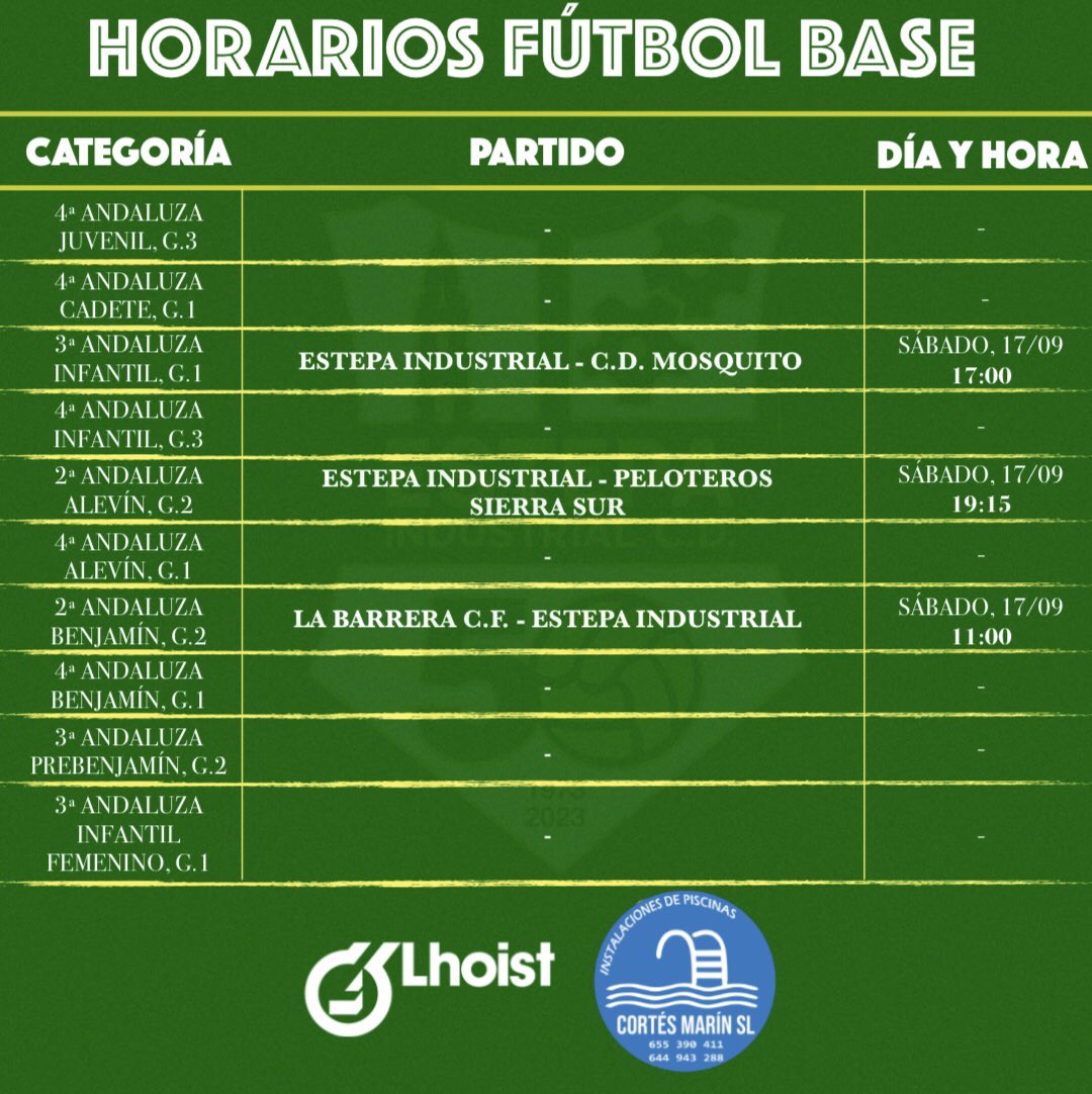 🗓 HORARIOS FÚTBOL BASE 🕡

💚 Mañana arrancan las categorías inferiores 🥳

#vamoslosverdes💚💪⚽️