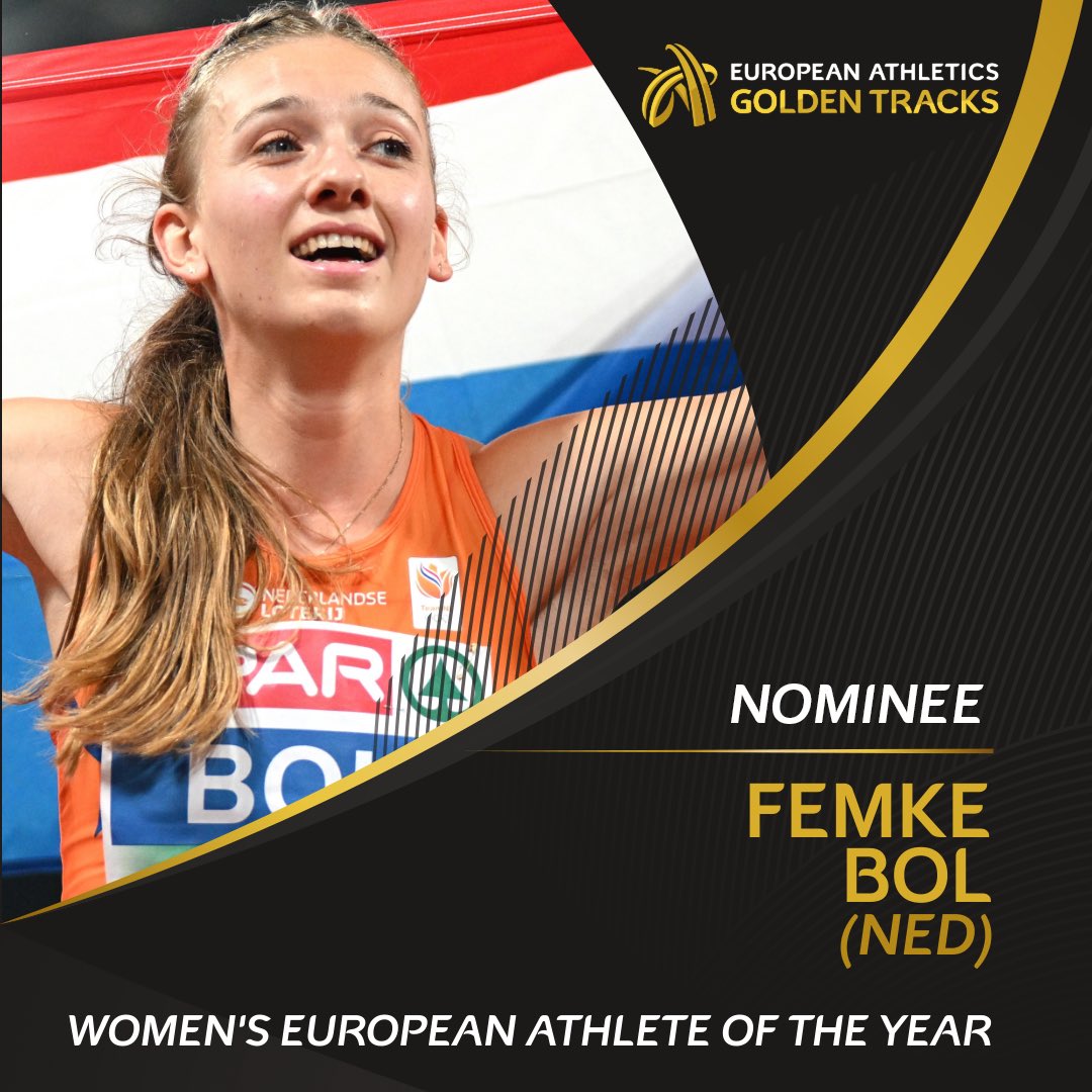RT to vote for Femke Bol! 🇳🇱

🥇 European 400m, 400mH and 4x400m champion 
🥈 World 400mH and mixed 4x400m silver 
🥈 World indoor 400m and 4x400m silver
🏆 Diamond League 400mH champion

 🗳 Voting closes on Friday 30 September.

#GoldenTracks