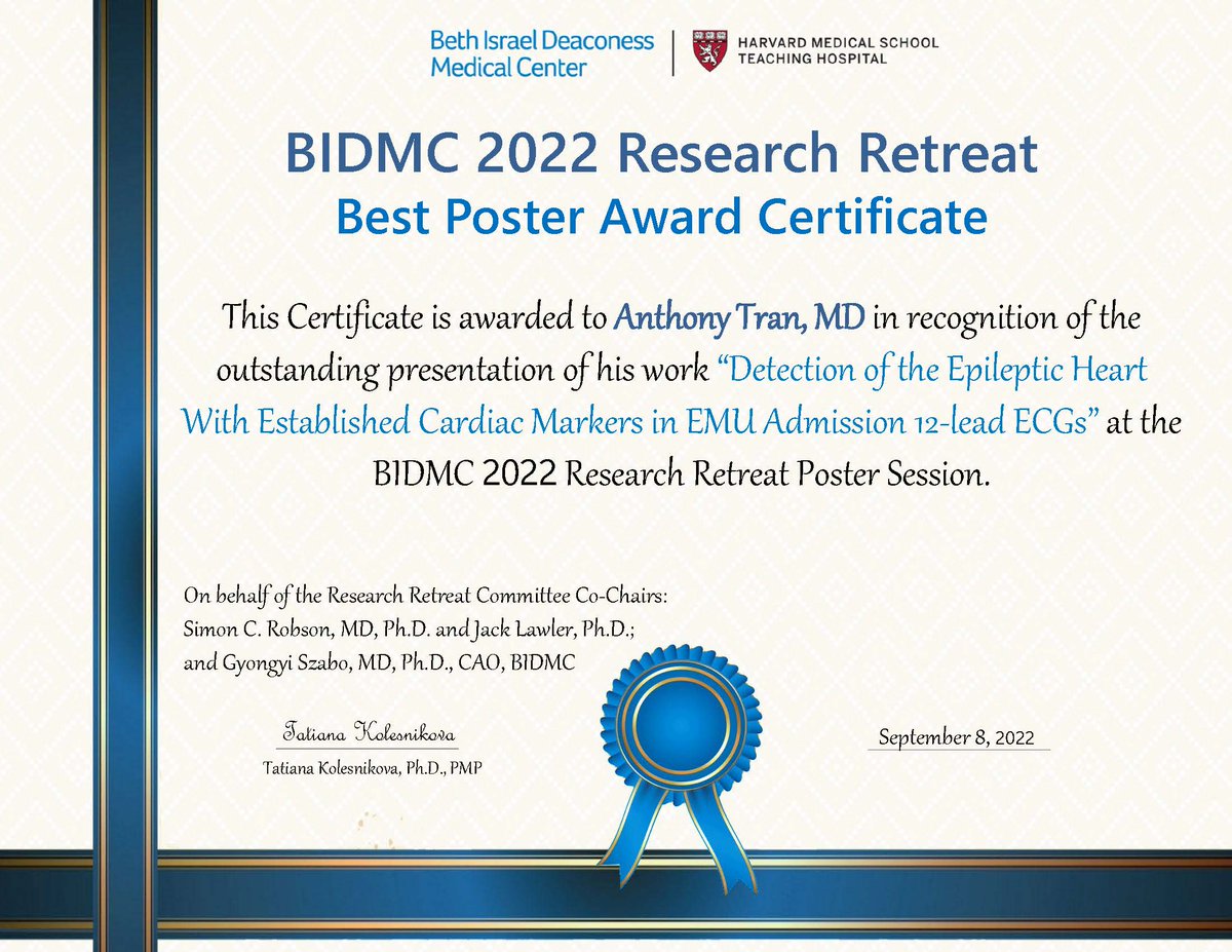 Congratulations to our resident and future epilepsy fellow Tony Tran on his 'Best Poster Award' at the Research Retreat, for our project focusing on novel EKG markers to detect patients who have the 'Epileptic Heart' condition!! Fantastic job Tony!