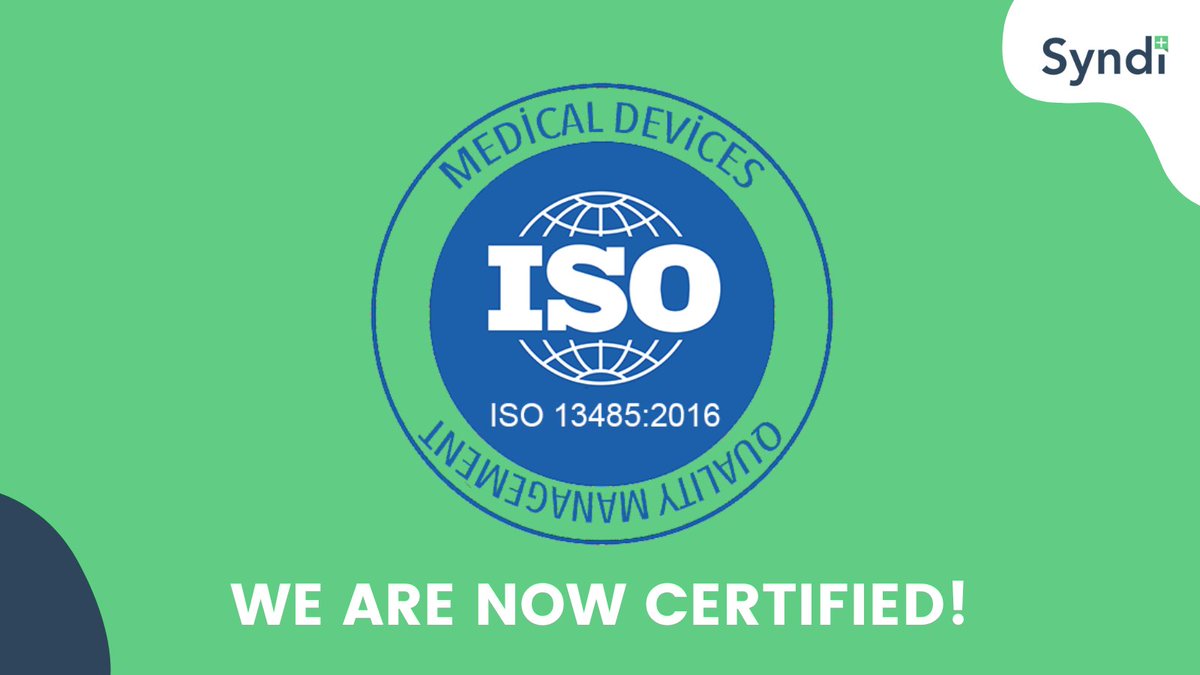 SyndiHealth's tweet photo. Big news! 

We have achieved a truly remarkable milestone as a young startup - Syndi Health is now ISO 13485 certified and has demonstrated its ability to provide medical devices and related services that consistently meet customer and applicable regulatory requirements. https://t.co/9sMORs2PMw