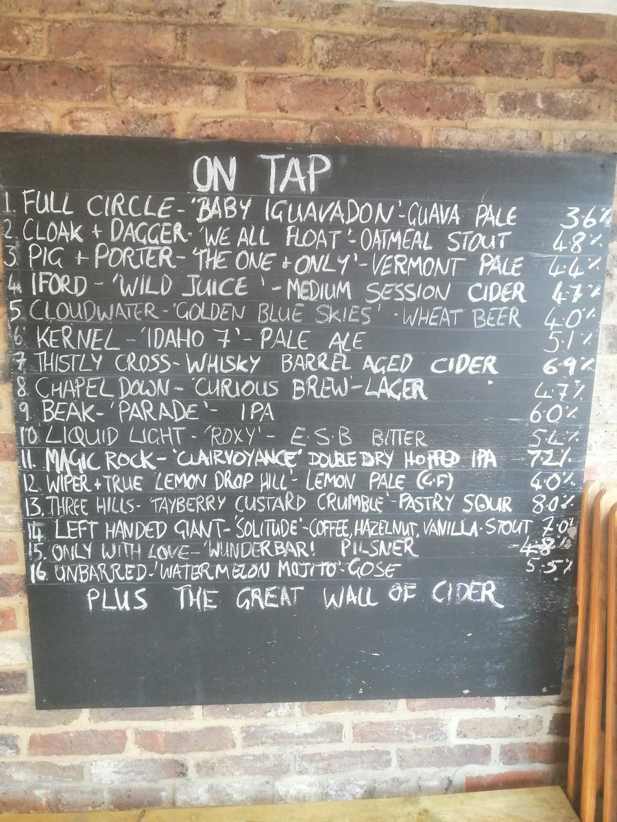 Beers on tap <a href="/PantilesTap/">The Pantiles Tap</a> for Friday evening 16th September.
<a href="/fullcirclebrew/">Full Circle Brew Co</a> 
<a href="/cloudwaterbrew/">Cloudwater Brew Co</a> 
<a href="/kernelbrewery/">Kernel Brewery</a> 
<a href="/TheBeakBrewery/">Beak</a> 
<a href="/threehillsbrew/">Three Hills Brewing</a> 
<a href="/LiquidLightBrew/">Liquid Light Brew Co</a>
<a href="/UnBarredBrewery/">UnBarred Brewery</a>
<a href="/WiperAndTrue/">Wiper and True | Beautiful Beer</a>
<a href="/LHGBrewingco/">Left Handed Giant</a> 
<a href="/PigAndPorter/">Pig And Porter</a> 
<a href="/CloakDaggerBrew/">Cloak + Dagger</a> 
@lovebrewing 
Niiice!