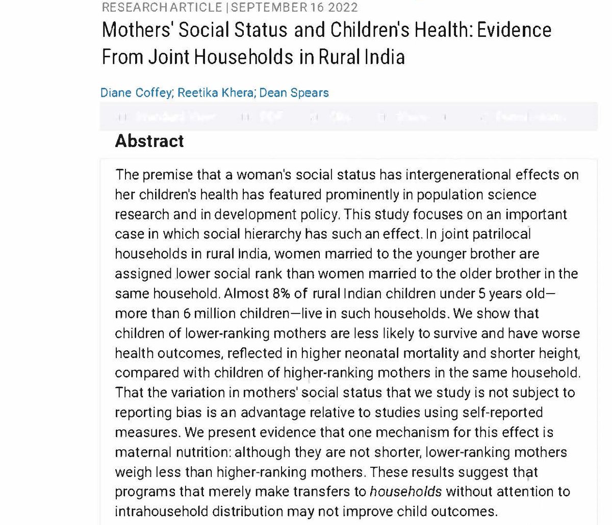 A new study by Diane Coffey, Reetika Khera &amp; Dean Spears—“Mothers’ Social Status &amp; Children’s Heath”—assesses the health outcomes of children of lower-ranking mothers in joint households in rural India. <a href="/UTPopCenter/">UT PRC</a> <a href="/UTAustinEcon/">UT-Austin Economics</a> Indian Inst of Technology
ow.ly/XyeQ50KLALs