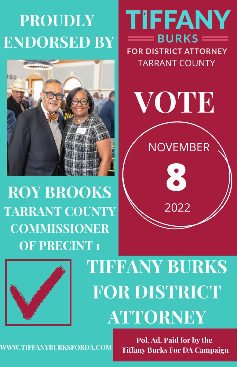 TiffanyForDA's tweet photo. π¨ Endorsement Alertπ¨
Humbled to have the endorsement of Comm Roy Brooks, public servant in Tarrant county for over 30 years. Thanks for the support and trust in me.
#fortworthtx #BenbrookTX #burlesontx #crowleytx #Foresthilltx #Evermantx #arlingtontx #EdgecliffVillage https://t.co/xXT3omulDH