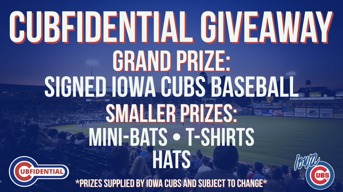 cubfidential's tweet photo. Cubfidential x Iowa Cubs Giveaway

How to enter:
1. Follow the accounts tagged below
2. Like this tweet
3. Retweet this tweet
4. Tag 1 other person below

Giving out multiple prizes, so good luck and go Cubs!

@cubfidential @IowaCubs @sidelinesport1 @JB_ThePROgram https://t.co/rb2WbaI3Ni