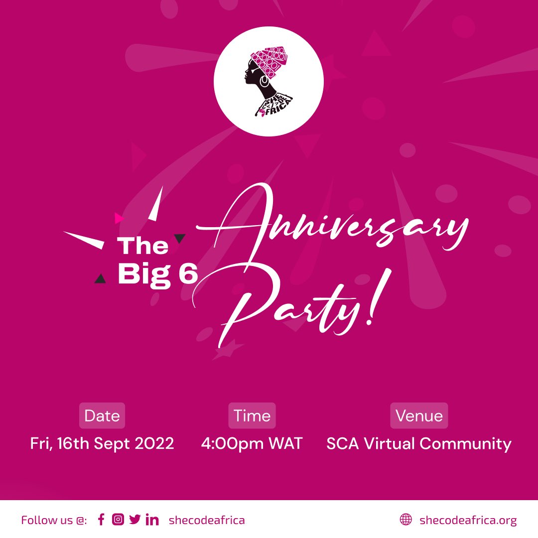 SheCodeAfrica's tweet photo. Itβs today Queens π π
To celebrate our 6th anniversary, She Code Africa will be hosting a party with her community members.
We are celebrating the rising of Tech Amazons.
Celebrating six years of empowering women in tech. https://t.co/V2xiKqJxnp