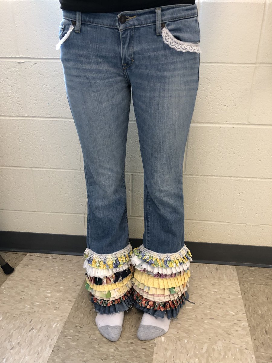 I challenged my Apparel 2 students to up-cycle something  they no longer wear. One student created these amazing, detailed jeans! #sewingskills #upcycledjeans #CTEteacher #BeAnEagle