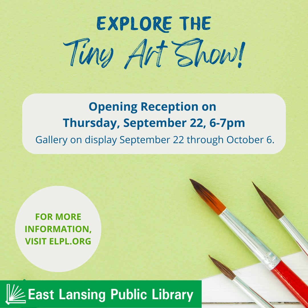 elplibrary's tweet photo. Our #TinyArtShow is coming up! Join us for an opening reception to explore all the incredible art our community created over the summer! The event will also include live music and a philosophy of art workshop. After the reception, the gallery will be on display until October 6. https://t.co/AUc6g91ZRH