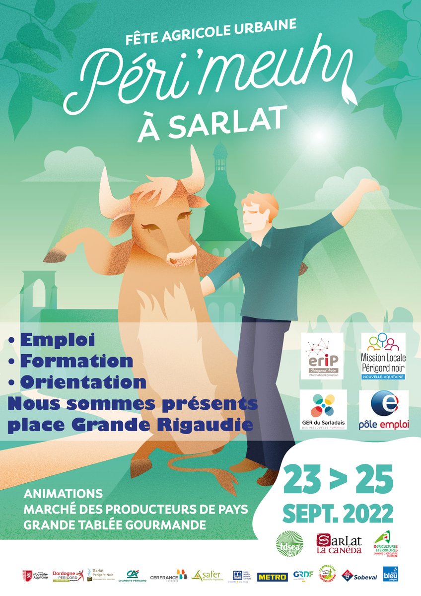 [PERIMEUH] 
l'@eripperigordnoir , le @GERduSarladais , @Poleemploi  seront sur #Périmeuh 
Nous  parlerons #emploi, #reconversion, #orientation 
Masque de réalité virtuelle pour découverte métiers
📆 Vend 23 - sam 24 - dim 25 sept 
 à #Sarlat (face aux vaches 😉)
