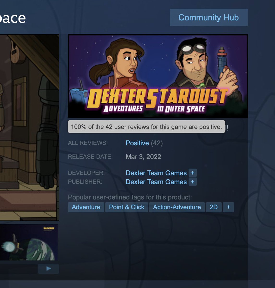Dexter Stardust is still at 100% on Steam! Woo! So happy that people are enjoying the game. #indedev #pointandclick