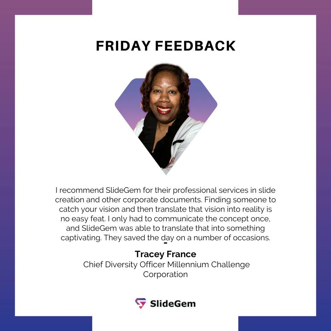 SlideGem's tweet image. See what people say about us!
Contact us today:
📨 Email: Hi@slidegem.com
📲 WhatsApp: +92 3096 302626
.
.
. 
#FridayFeedback #SlideDesigner #ProPresentationDesigner
#testimonial #Powerpoint #designthinking #visualdesign