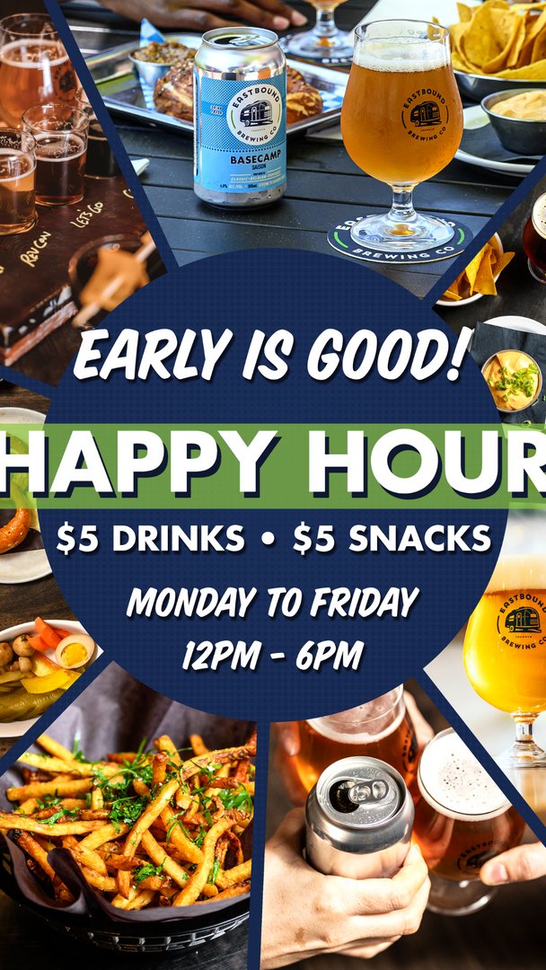 Happy Hour is Monday-Friday 12-6PM. It's great practice for the weekend and it keeps you social. So come on out and get well adjusted.