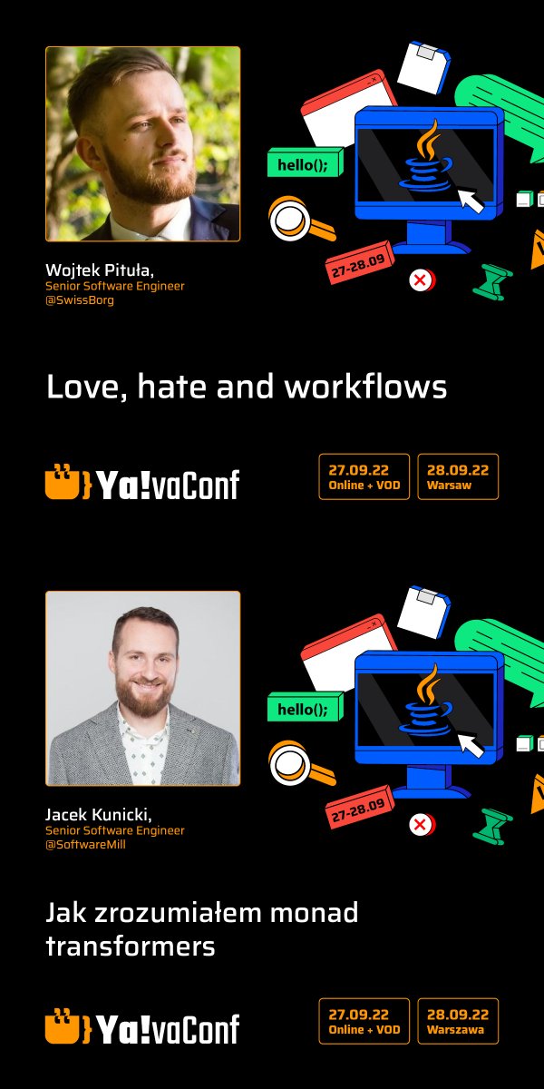 YavaConf's tweet photo. #YavaConf W towarzystwie takich osób jak :
Wojciech Pituła, SwissBorg
Tomasz Kogut, Scattered
Filip Michalski, TouK
Adam Rozenek, Iterators
Maciej Próchniak, TouK
Jacek Kunicki, SoftwareMill
dowiecie się jeszcze więcej o temacie "SCALA" i to już 28 września! https://t.co/7kzSOrwSfx