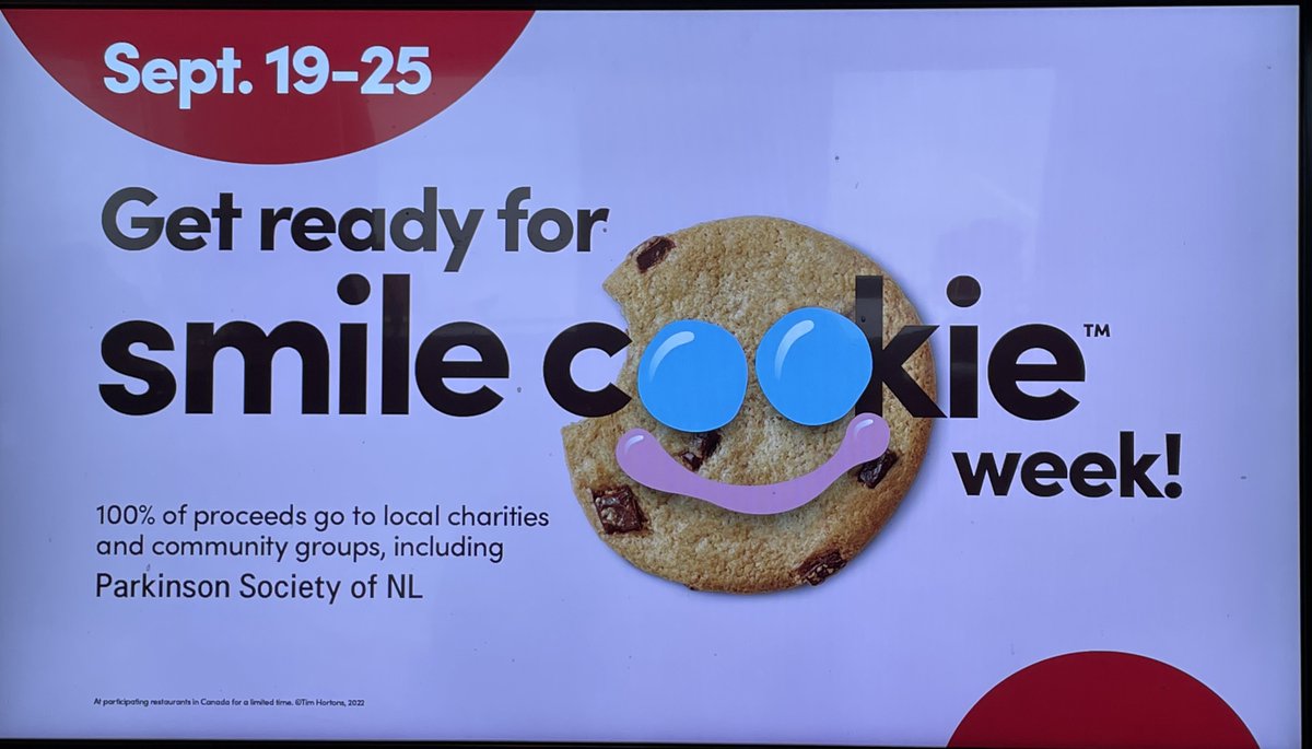 Get Ready for Tim Horton's Smile Cookie Week - Sept. 19 -25! PSNL is a community partner this year! All funds raised will go directly towards supporting our programs and services province-wide. #SmileCookie #parkinsonsocietynl #timhortons Thanks so much to @TimHortons!!