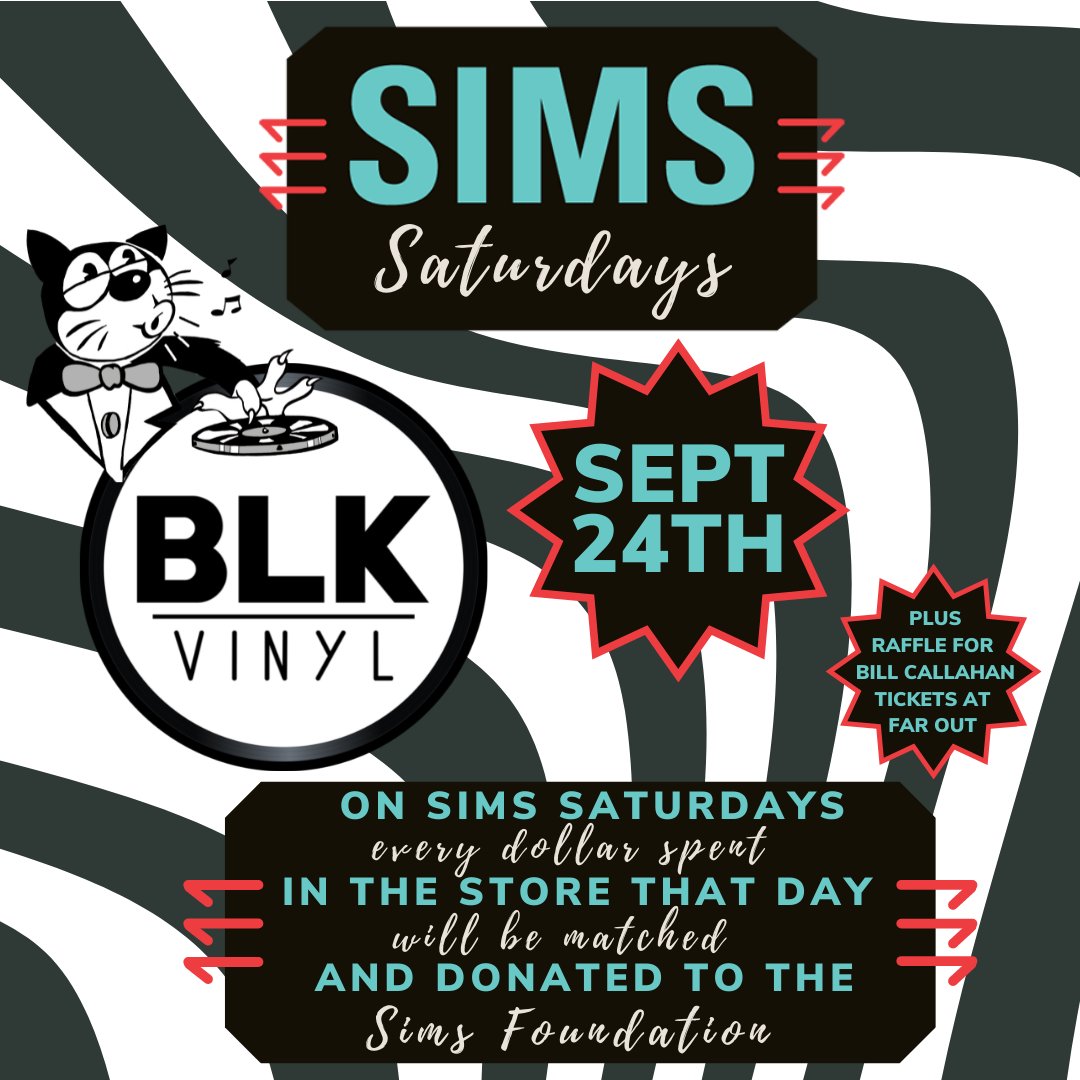 Save the Date for SIMS Saturday at @blkvinylatx 9/24! Purchases will be matched with a donation to SIMS and you'll be entered to win tix to The Flaming Lips at Luck Ranch 10/1 or Bill Callahan at The Far Out Lounge 10/29. Shop local, support SIMS, support our music community!