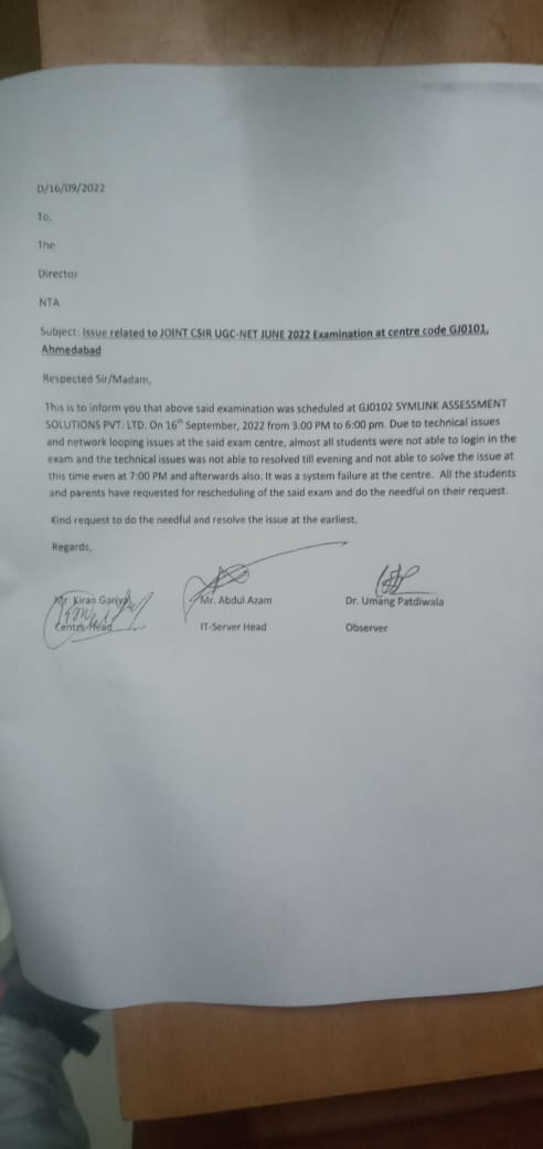SunilBansal_A's tweet photo. @HRDG_CSIR @DG_NTA This is the letter issued by the center at 8pm. If someone made reservations for return who will pay?? Have you seen that 3-6pm scheduled exam can be rescheduled at 7-10pm?? These center authorities asked students for 7-10pm exam.
@aajtak please cover this scam https://t.co/ncICUJ8qRj